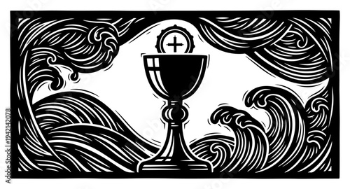 Holy Communion chalice with host and decorative waves in woodcut style