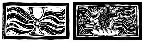 Holy communion chalice bread grapes and cross symbols in woodcut style