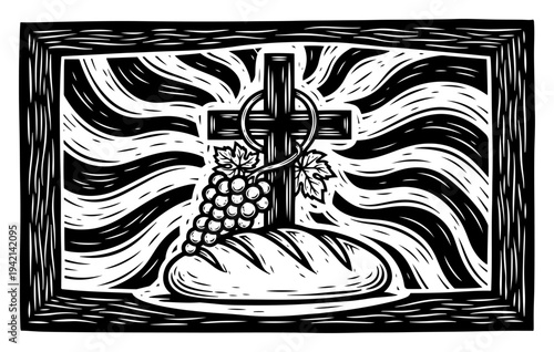 Eucharistic bread and cross with grapes in vintage woodcut style