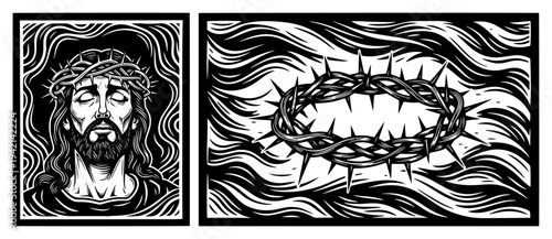 Jesus Christ face and crown of thorns set in vintage woodcut style