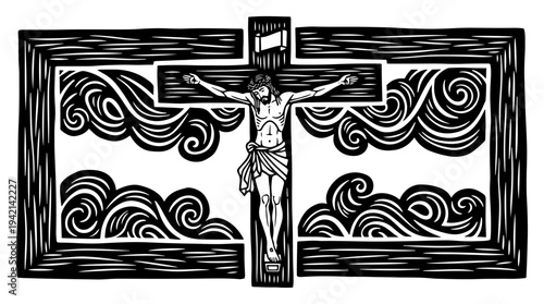 Crucifixion of Jesus Christ on cross with clouds in vintage woodcut style