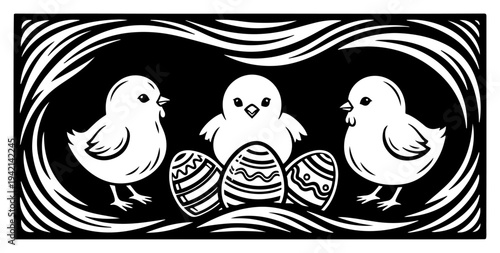 Easter chicks and decorated eggs in woodcut style