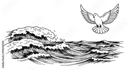 Dove of peace flying over rough sea waves in vintage engraving style