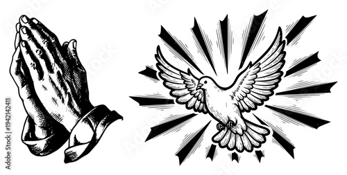 Praying hands and holy spirit dove with light rays in engraving style