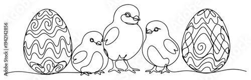 Baby chicks and decorated easter eggs in one line drawing style