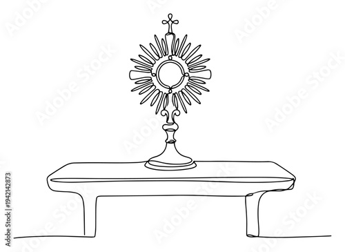 Catholic monstrance on altar table in minimalist one line art style