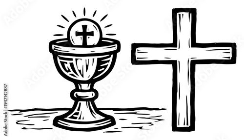 Eucharistic chalice with host and cross in bold hand drawn style