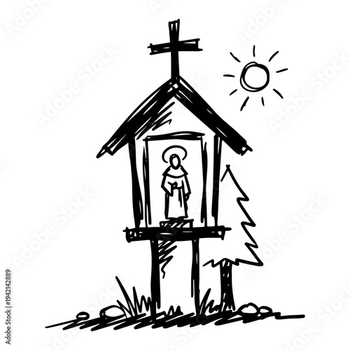 Wayside shrine with cross and saint figurine in hand drawn sketch style
