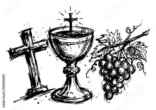 Holy communion chalice with cross and grapes in artistic sketch style