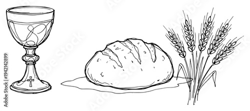 Communion chalice with loaf of bread and wheat in minimalist sketch style