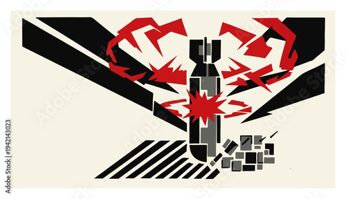 Abstract constructivist composition with falling bomb and red explosion geometric style