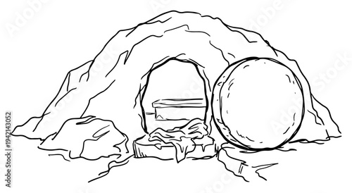 Empty tomb of Jesus with rolled stone for Easter celebration in hand drawn sketch style