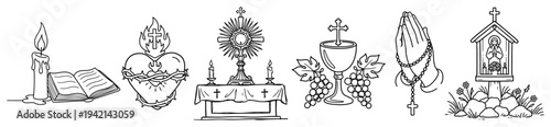 Catholic religious symbols collection including sacred heart and monstrance in hand drawn sketch style