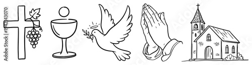 Christian religious icons set featuring cross chalice dove and church in hand drawn sketch style