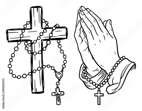Praying hands and wooden cross with rosary beads in hand drawn sketch style