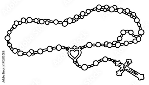 Rosary beads with cross for catholic prayer and meditation line art style