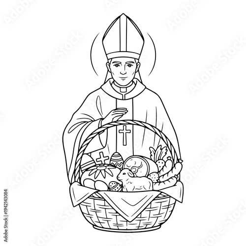 Bishop holding traditional Easter food basket for blessing line art style