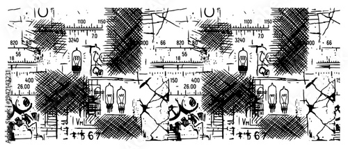 Radio schematic with vacuum tubes and measurement dials vintage engraving style