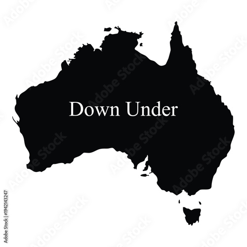 Australia Silhouette with “Down Under” Text – Bold Black Graphic for Travel, Culture, Merchandise and Oceania‑Themed Visual Content. Suitable for use in blogs, presentations, and posters.