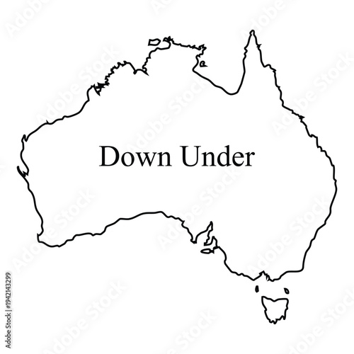 Australia Outline with “Down Under” Text – Minimalist Black Silhouette Graphic for Travel, Culture, Merchandise and Oceania‑Themed Visual Content. Suitable for travel content or educational materials.