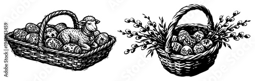 Easter baskets with decorated eggs and lamb figure in vintage woodcut style