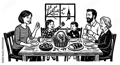 Family members celebrating Easter breakfast together at the dinner table in woodcut style