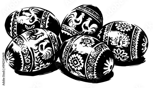 Traditional Easter eggs decorated with folk art patterns in woodcut style