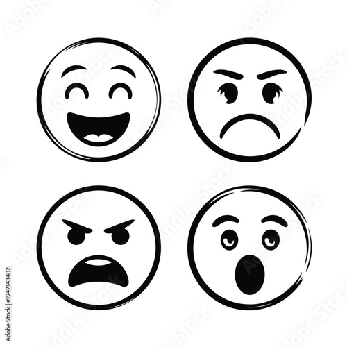 Hand Drawn Emoji Faces Icons - Happy, Angry, Sad, Surprised