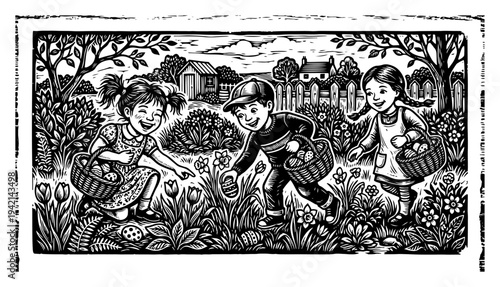 Happy children searching for hidden eggs during Easter egg hunt in garden in linocut style
