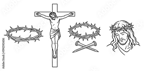 Jesus Christ on the cross with crown of thorns and nails in line art style