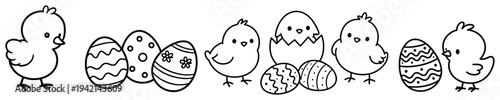 Cute Easter chicks and decorated eggs border in simple line art style