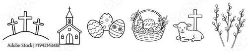 Easter religious symbols collection featuring lamb eggs and church in line art style