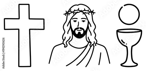 Jesus Christ with holy cross and eucharist chalice in minimalist line art style