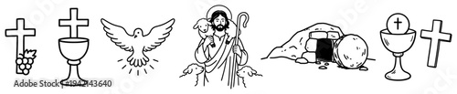 Christian religious icons set for Easter and communion in minimalist line art style