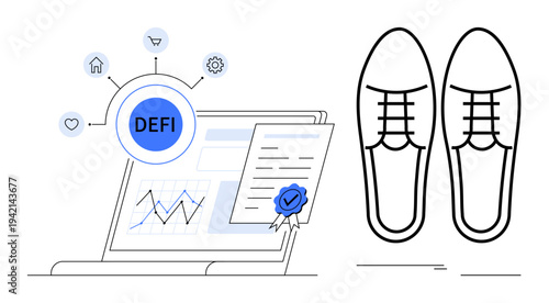 Laptop displaying decentralized finance chart, certificate, and linked icons beside formal shoes. Ideal for tech innovation, blockchain, finance, fintech, career growth, productivity simple flat