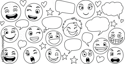 A collection of happy cartoon faces and speech bubbles