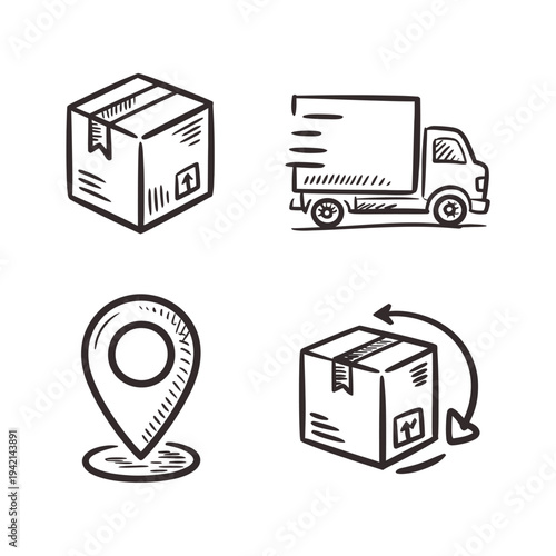 Logistics and Shipping Hand Drawn Icons - Package, Delivery Truck, Location, Tracking