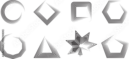 Set of 8 Abstract Geometric Shapes Vector with Striped Line Art Design for Modern Backgrounds and Graphic Elements