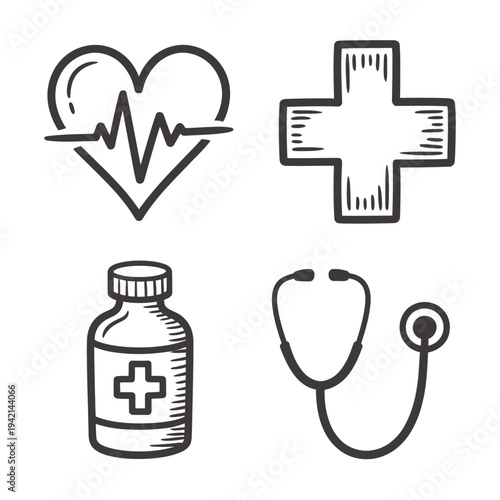 Medical Healthcare Icons Hand Drawn Style - Heartbeat, Cross, Medicine, Stethoscope
