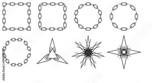 Set of 8 Black and White Chain Link Frames and Geometric Starburst Vector Elements for Design Projects and Borders
