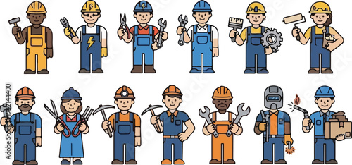 Diverse group of cartoon workers in uniform, holding tools and equipment, representing various professions and trades.