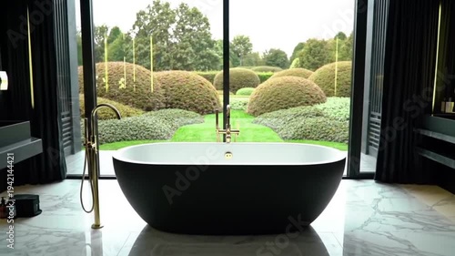 Modern bathroom with freestanding tub overlooks a manicured garden.
