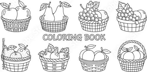 Collection of outline fruits in baskets for a coloring book page
