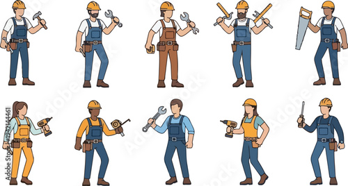 Diverse group of construction workers and tradespeople holding various tools and equipment.