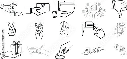 A collection of 12 black and white illustrations depicting various hand actions and gestures