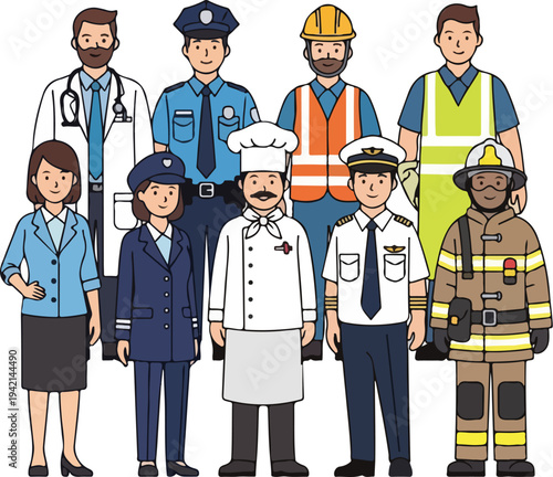 Diverse group of professionals in uniform, representing various occupations and careers.