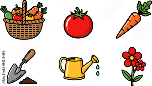 Cute cartoon garden icons featuring vegetables, tools, and flowers for a vibrant harvest