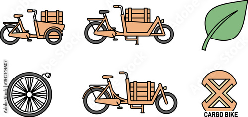 Set of cargo bikes and related icons for eco-friendly transportation and delivery