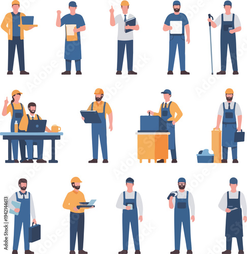 Set of diverse construction workers and tradespeople in various poses and professions, illustrating teamwork and different job roles.