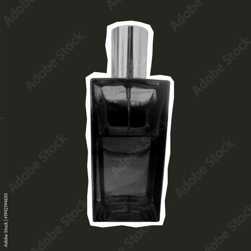 Minimal rectangular perfume bottle isolated on dark background in monochrome collage style.Web